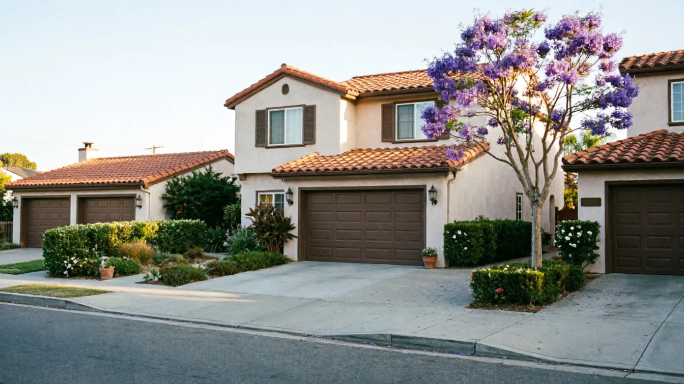 The house has a brown garage door, a tiled roof, and a purple flowering tree.