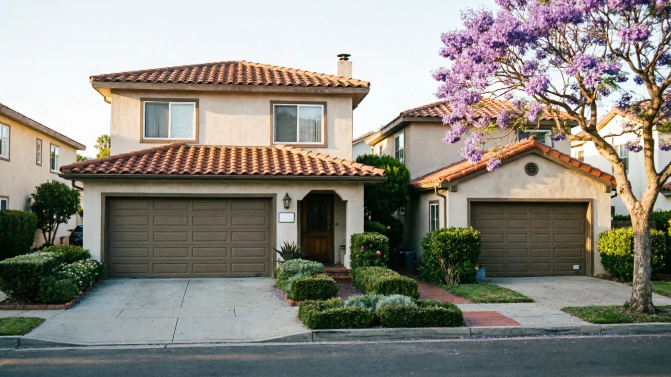 Two houses with brown garage doors and red tile roofs stand next to a purple flowering tree.