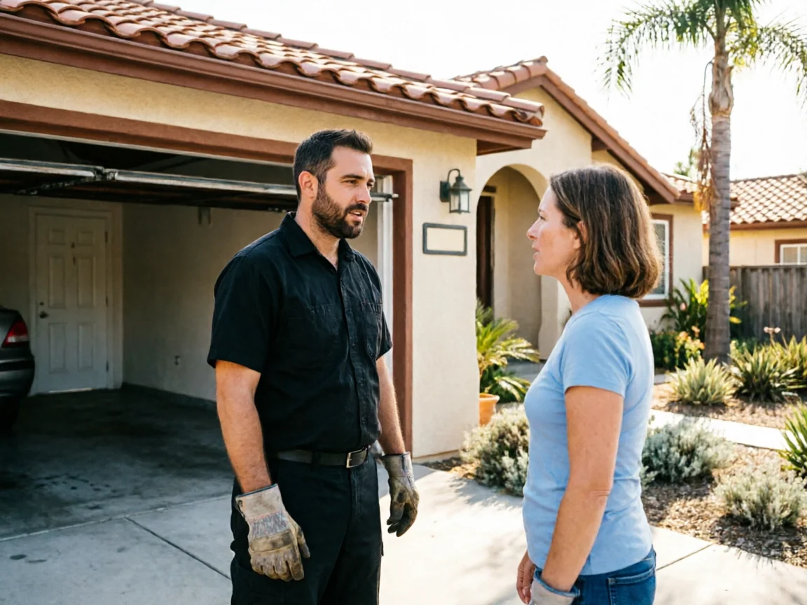 A technician with work gloves talks to a woman in front of a house with an open garage.