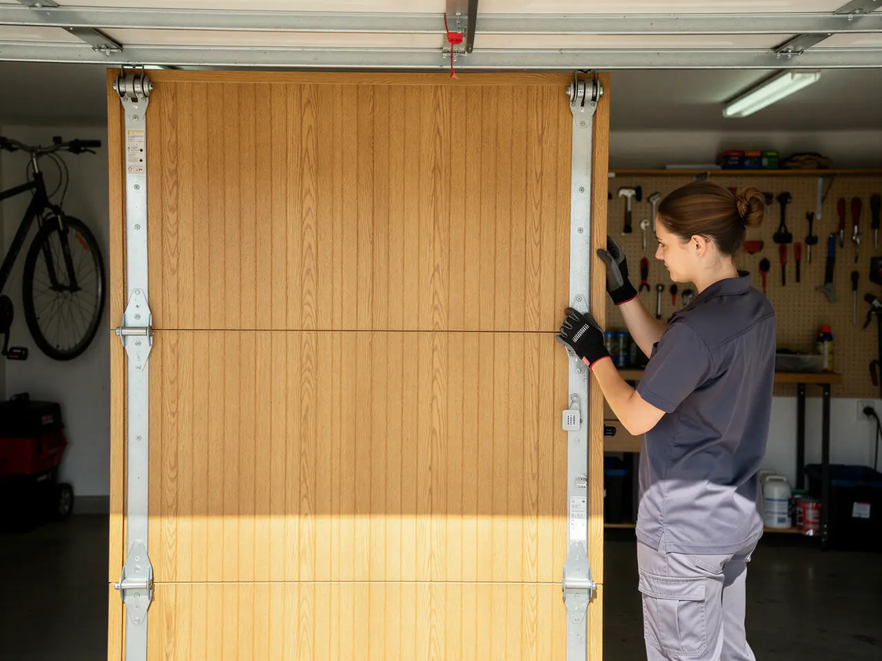 A technician in gloves adjusts a light brown garage door with metal hinges.