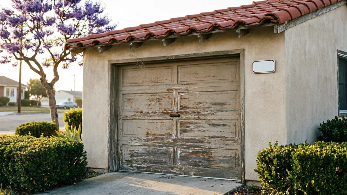 A weathered garage door with peeling paint on a stucco garage.