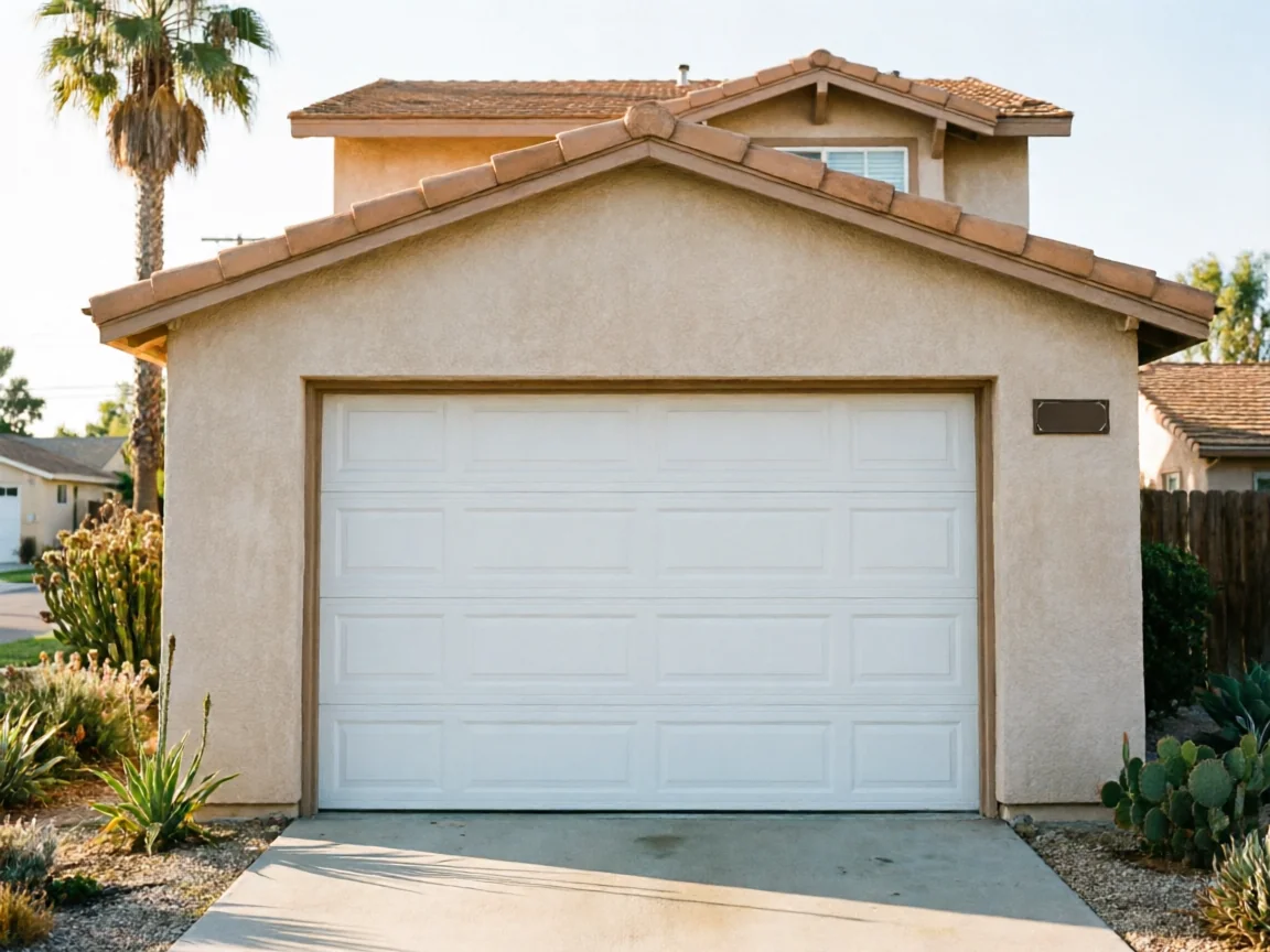 A white paneled garage door is on a stucco house with a tiled roof.
