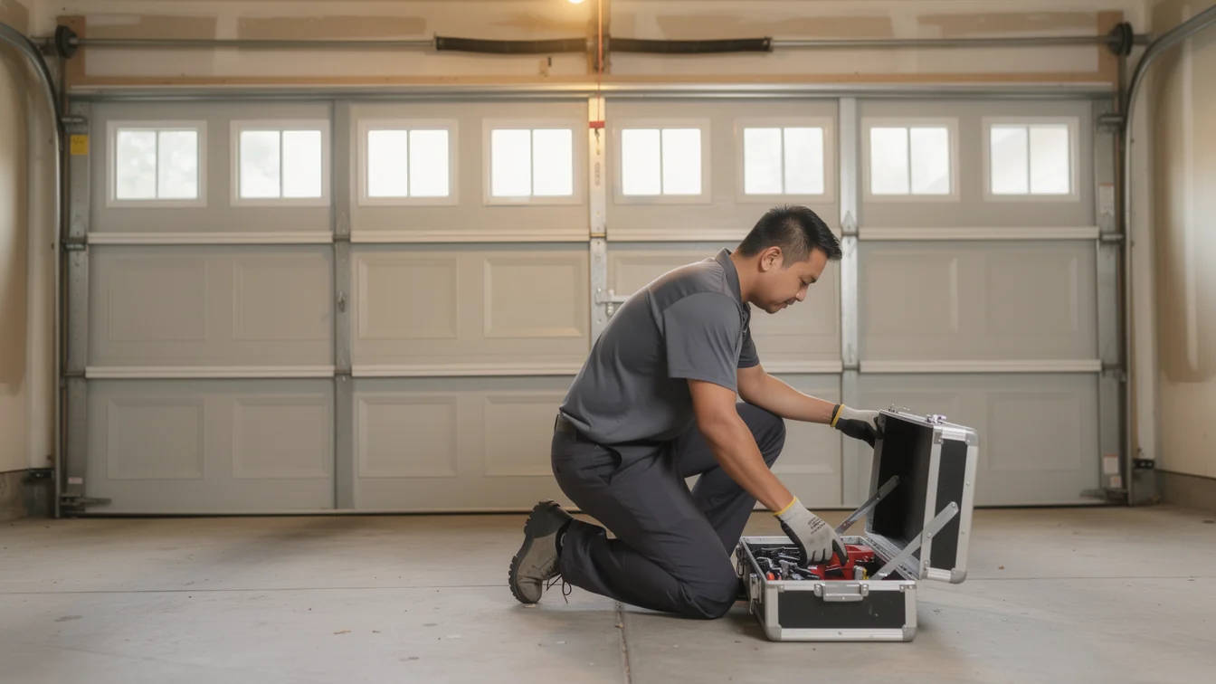 A technician kneels, opening a toolbox in front of a white garage door.